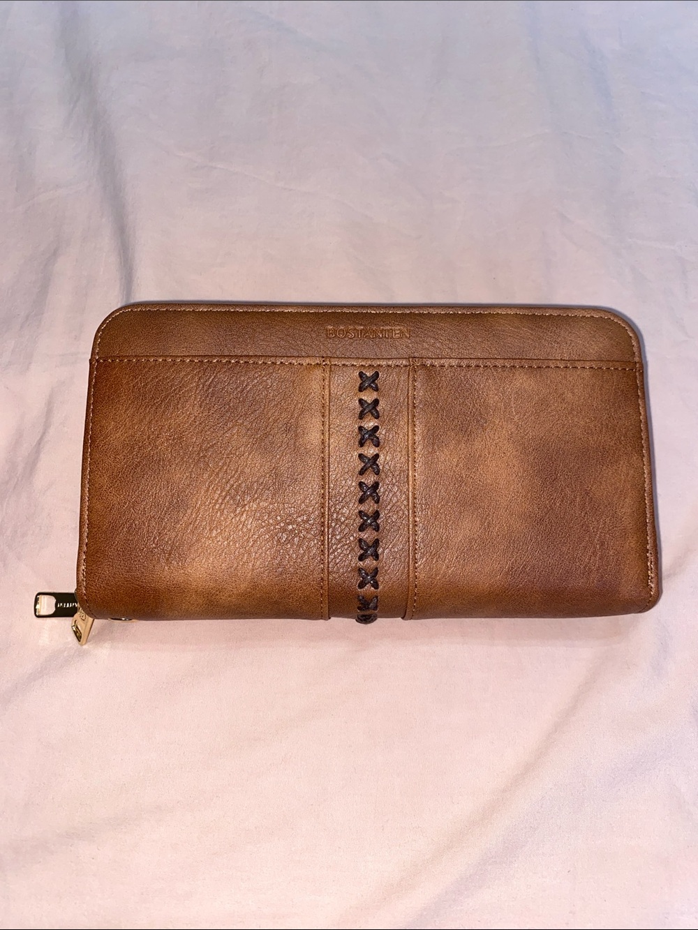 BOSTANTEN Brown Leather Zip-Around Wallet with Braided Center